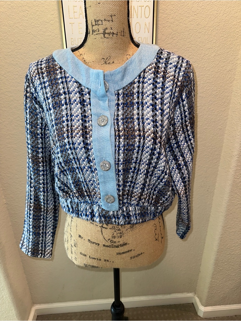 Zara Blue Multicolor Tweed Cropped Button-Up Jacket